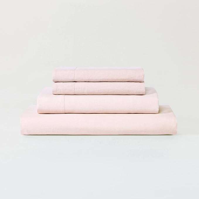 Sijo Stone Washed Organic French Linen Bed Sheet Set, GOTS Certified Organic, Best Cooling Linen Sheet Award by Sleep Foundation, 1 Flat Sheet Only (Blush, King/Cal King)
