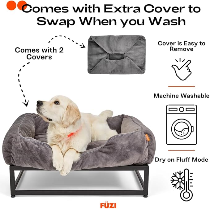 FUZI Elevated Dog Bed Large with Extra Cover, Luxury Raised Dog Beds, Removable and Machine Washable Bed Cover, Indoor/Outdoor Orthopedic Pet Bed, Large 35.6x28.5x18 Dark Grey and Black Base
