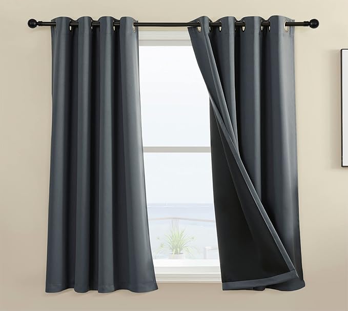 Rutterllow 100% Blackout Curtain 2 Panels, Heat and Full Light Blocking Drapes with Grommets for Bedroom,Gray Thermal Insulated Window Treatment Drapes for Living Room (Dark Grey, 52Wx36L)
