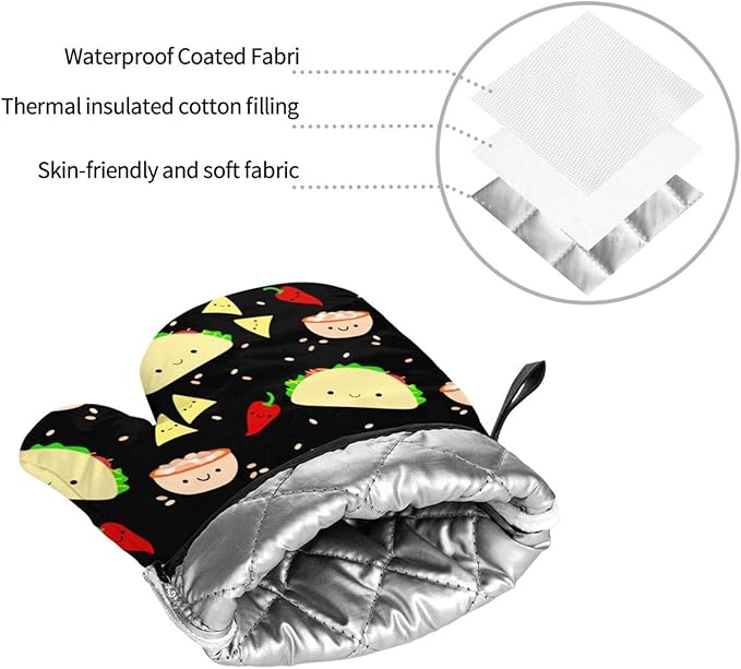 Kawaii Taco Patterned Oven Mitts and Pot Holders Set of 4, Oven Mittens and Potholders Heat Resistant Gloves for Kitchen Cooking Baking Grilling BBQ