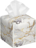 White Gold Marble Tissue Box Cover Square, Modern Abstract Marble Texture Tissue Box Holder Waterproof Leather Facial Paper Organizer Dispenser for Bathroom Home Car Nightstand Vanity Desk