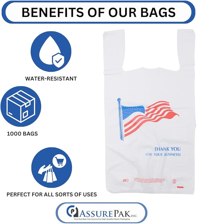 ASSUREPAK Easy Open - White Usa/American Flag Print HDPE T-Shirt Bags - 1/6 BBL 11.5"X6"X21" - 1000 Bags - 13 microns - White - USA13M100016-EO