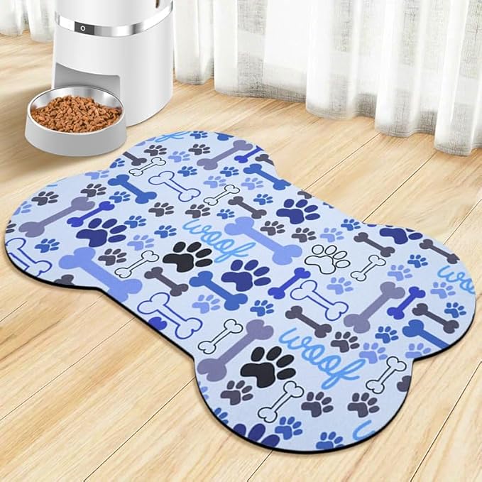 Dog Food Mats for Floors Waterproof, Pet Feeding Absorbent Water Bowl Mat Cat Placemats Blue Bone Shape 19 * 12 inch