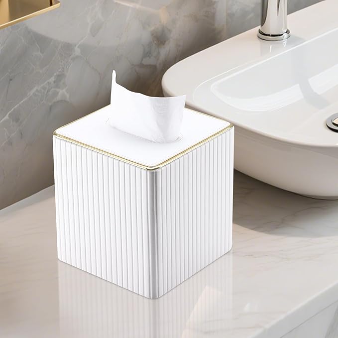 KINGFOM Tissue Box Cover, PU Leather Square Tissue Box Holder for Kleenexs with Magnetic Bottom Cover for Facial Tissues/Napkins, Office & Living Room Decor Box White