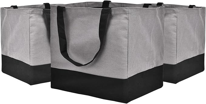 CNaiyunpin 3 Pack Canvas Reusable Grocery Bags Heavy Duty, 8.3 gal Foldable Large Tote Bag with Handles, Holds 60 lbs Canvas Shopping Bags & Washable Eco-friendly Bags with 5 Pockets, Grey+Black
