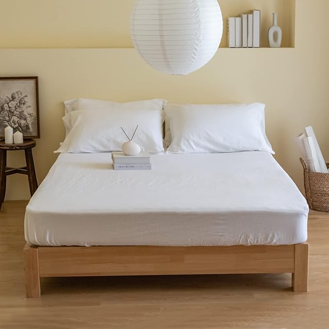 Simple&Opulence Belgian Linen Sheet Set Solid Color - 6 Pieces (1 Flat Sheet & 1 Fitted Sheet & 4 Pillowcases) 16" Deep Pocket Natural Flax Cotton Blended Soft Bedding - White, King Size