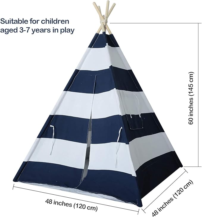 Ukadou Kids Teepee Tent for Boys Navy White Stripe Teepee Tent Indian Canvas Tents for Toddlers Indoor Playhouse Play Tent for Kids