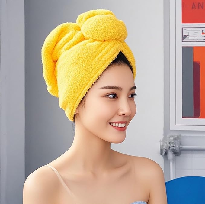 AGKXHDEC Double Layer Microfiber Towel, Hair Turbans for Wet Hair, Drying Hair Wrap for Women(The Color of The Picture is for Reference only) (Yellow with bee)