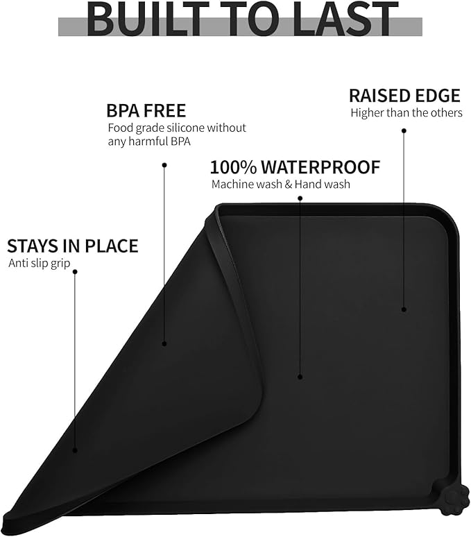 Reopet Waterproof Pet Feeding Mat with High Raised Edges, Heavier and Thicker Placemats for Cat Dog Water Bowl with BPA Free, Dogs Cats Food Mats for Messy Drinkers to Prevent Spill and Protect Floors