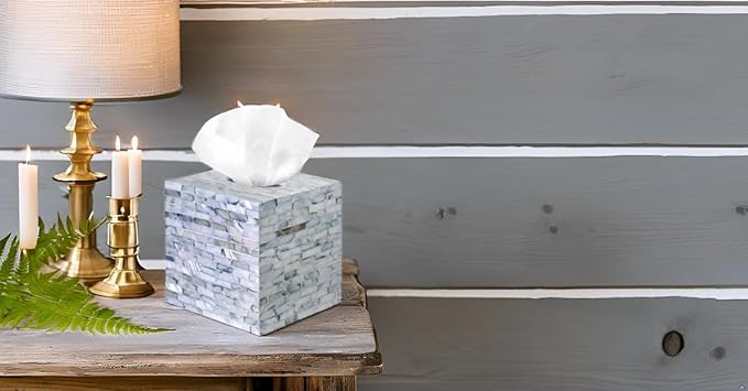 PEMAR Handcrafted Wooden Tissue Box Cover for Small Cube Tissue Boxes Only (Max Inner Size 4.7”) – Mother of Pearl Inlay Decorative Tissue Holder for Bathroom, Living Room & Office (Blue)