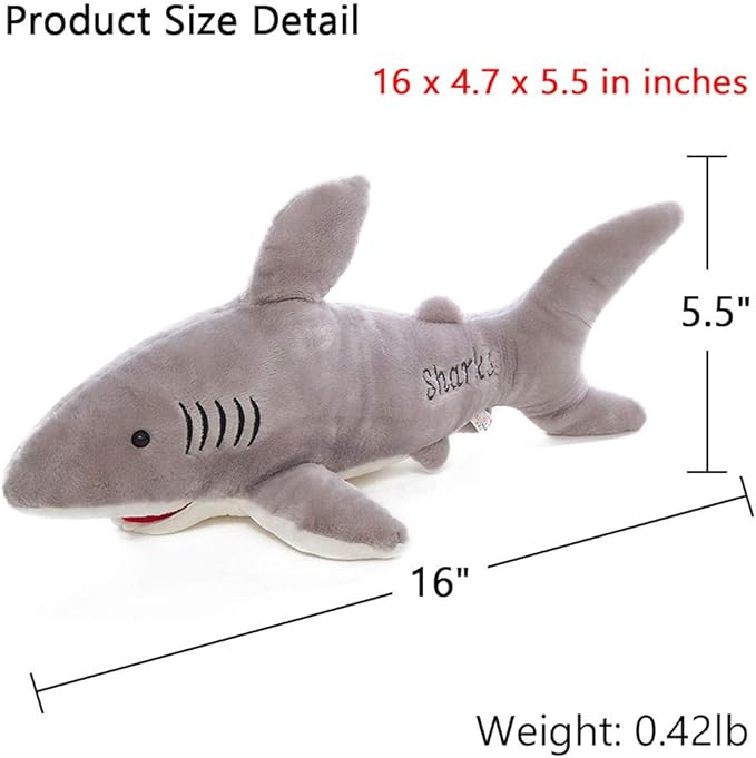 VSFNDB Stuffed Shark Animal Plush Toy 16 Inch Long Great White Animal Stuffed Plushies Super Soft Cute Cuddly Pillow Cushion Stuff Dolls Gift for Children Kids Boys Girls Room Decor Bedtime, 16Inches