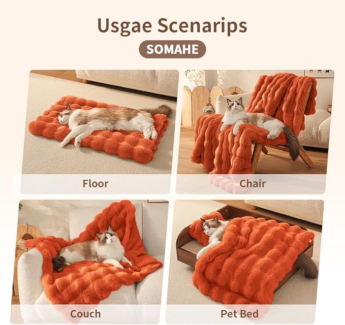SOMAHE Self-Warming Cat Blanket for Indoor Cats & Small Dogs, Dual-Side Sherpa Plush Throw, Anti-Static Shared Couch Mat for Crate & Travel, Machine Washable No Shrink, 28x22 Inch Orange