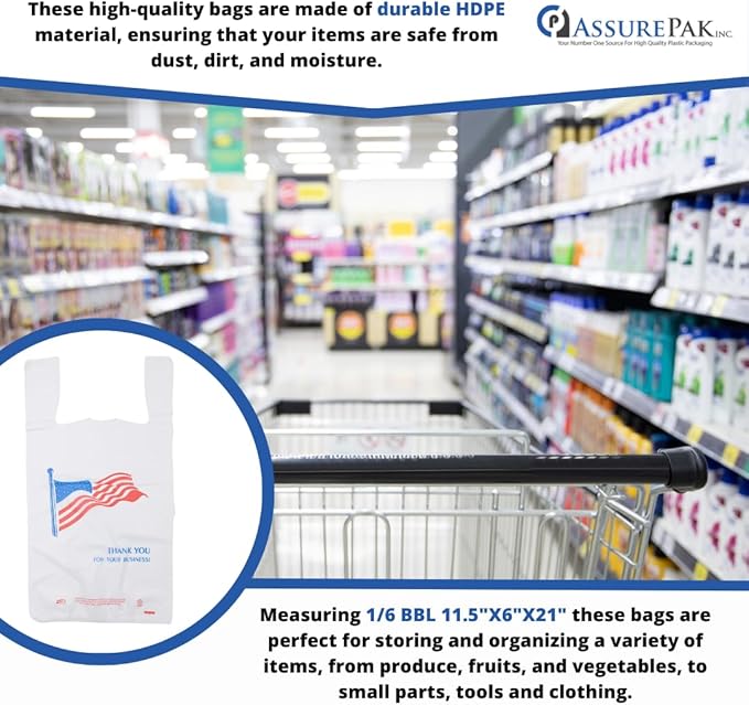 ASSUREPAK Easy Open - White Usa/American Flag Print HDPE T-Shirt Bags - 1/6 BBL 11.5"X6"X21" - 1000 Bags - 13 microns - White - USA13M100016-EO