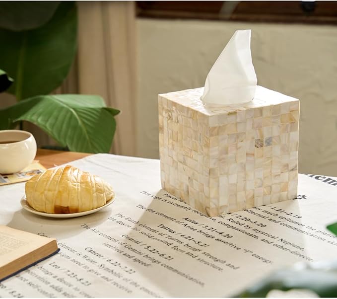 5.9” Mother of Pearl Tissue Box Cover for Kleenex and More – Handcrafted Square Tissue Holder with Sliding Bottom – Decorative Napkin Dispenser for Bathroom, Bedroom, Kitchen, Office
