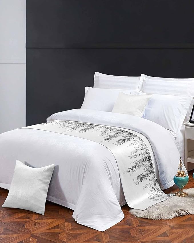DecorLovee Grey Eucalyptus Bed Runners for Cal King Size Bed, Weeping Botanical Decorative Bed Throws for Foot of Bed, Leaf Watercolor Bed Runner Sofa Throw Bedding Scarf Slipcover for Bedroom