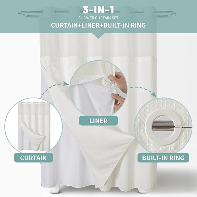 eachope Cream No Hook Waffle Weave Shower Curtain with snap-in Liner Replacement, 230GSM Waterproof Fabric Hotel Shower Curtain Set for Bathroom, Through Mesh Top Window,60Wx74H