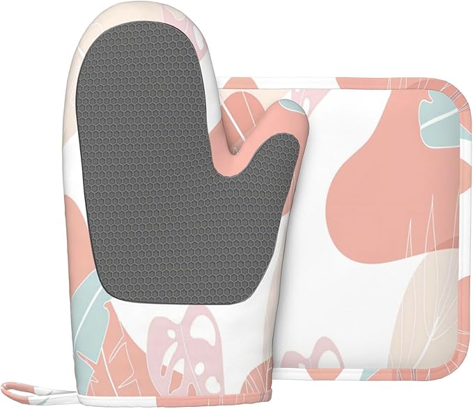 Pink Modern Geometric Leaves Oven Mitts and Pot Holders Sets, Home Silicone Heat Resistant BBQ Gloves for Kitchen Baking Cooking Grilling Microwave