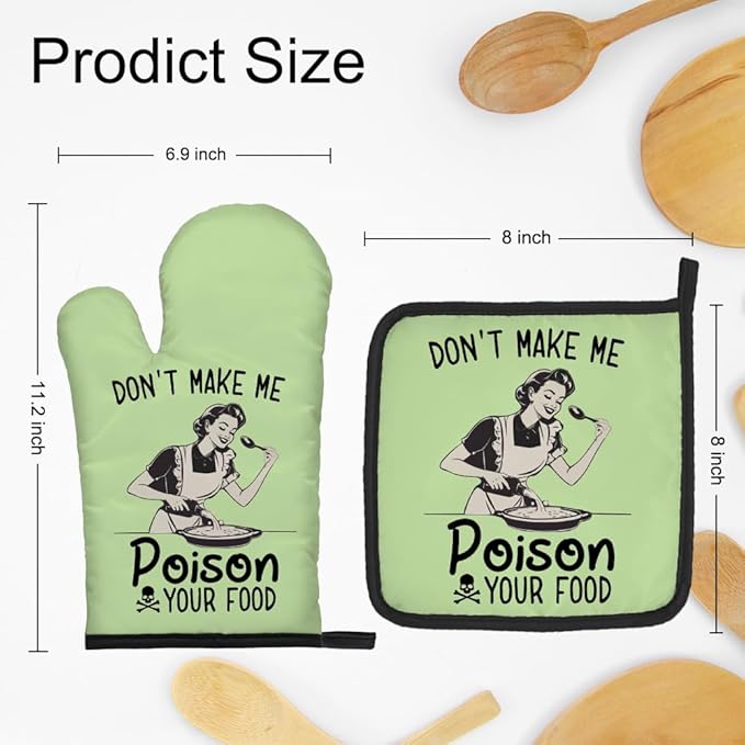 DYJYBMY Don't Make Me Poison Your Food Funny Oven Mitts and Pot Holder Set, Funny Vintage Lady Kitchen Gadgets for Women, Housewarming Gifts for Chef Friend, Baking Gifts for Mom Sister BFF (LS)