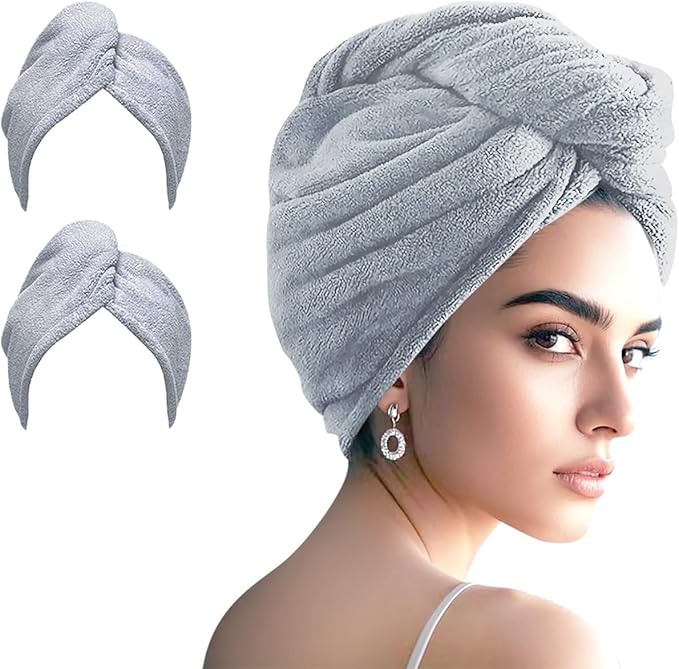 AGKXHDEC 2 Packs Single Layer Microfiber Hair Turbans - Drying Wrap for Women (Gray-2pcs)