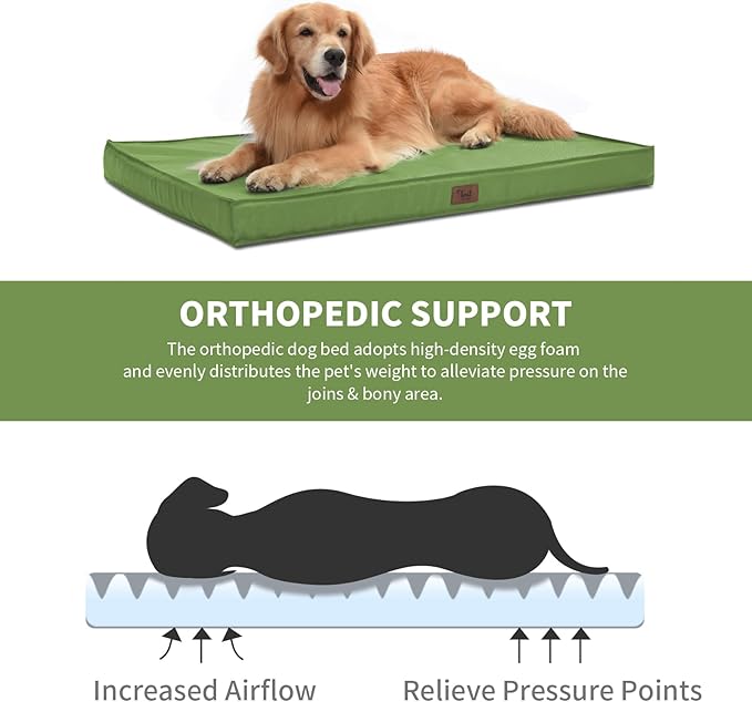Tail Stories Outdoor Extra Large Dog Bed, Jumbo Waterproof Dog Bed for Large Dogs, Orthopedic Egg Crate Foam Pet Mat with Removable Oxford Cooling Cover, Light Green