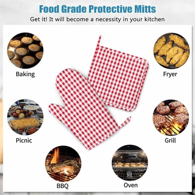 Mxocom Gingham Red White Checked Tartan Heat-Resistant Oven Mitts and Pot Holder Abstract Lattice Criss-Crossed Kitchen Non-Slip Cooking Microwave Gloves for Cooking Baking Grilling