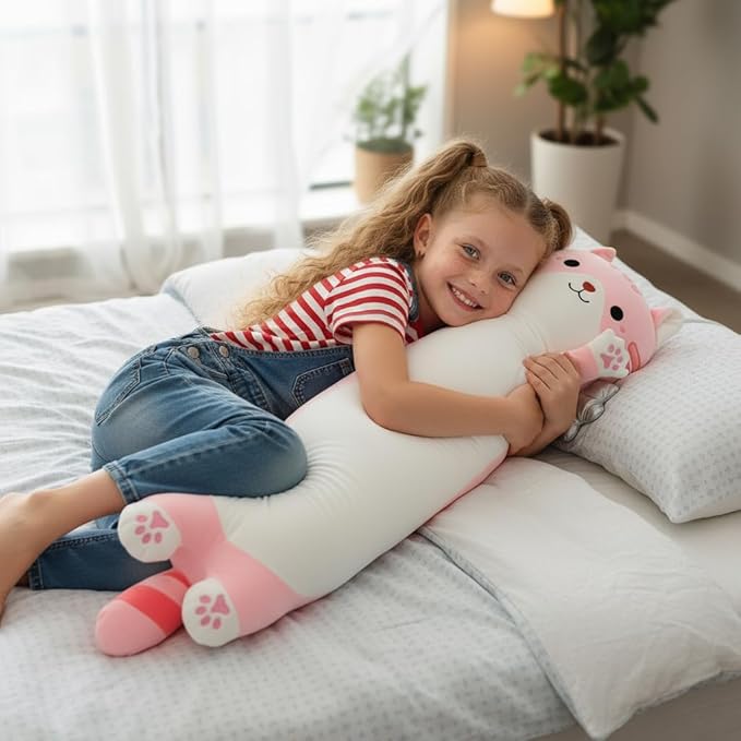 Kekeso Long Cat Plush Pillow, Cute Cat Stuffed Animal Body Pillow with Wings, Soft Kawaii Kitty Hugging Pillow, Christmas Valentine's Birthday Gift for Kids Girls Boys (Pink, 90cm/35.43in)
