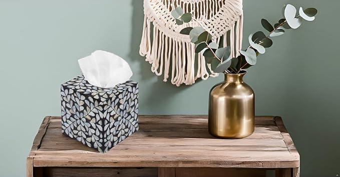 PEMAR Handcrafted Wooden Tissue Box Cover for Small Cube Tissue Boxes Only (Max Inner Size 4.7”) – Mother of Pearl Inlay Decorative Tissue Holder for Bathroom, Living Room & Office (White Vines)