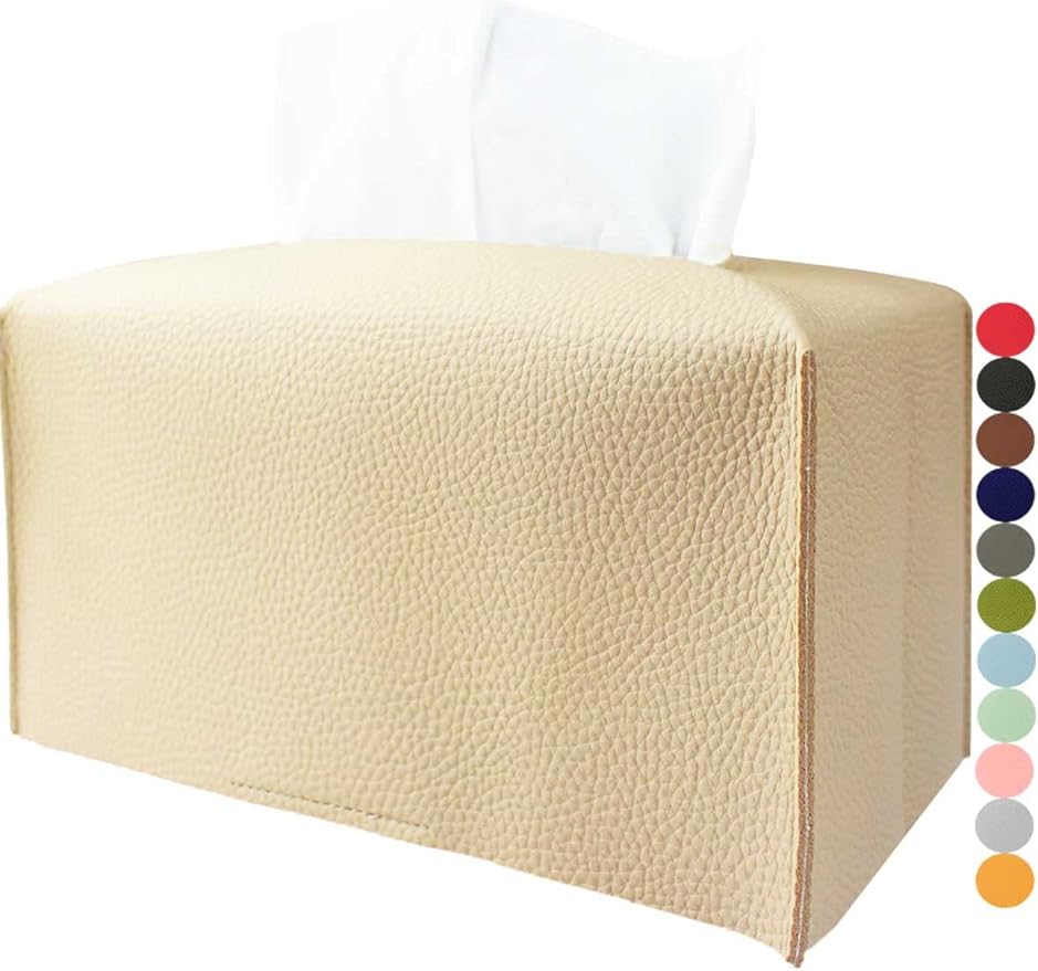 Tissue Box Cover Leather Rectangular – with Bottom Belt [JESMINI, Beige] Modern Large PU Leather Rectangle Tissue Box Cover Decorative for Bathroom Vanity Countertop/Night Stands/Office Desk