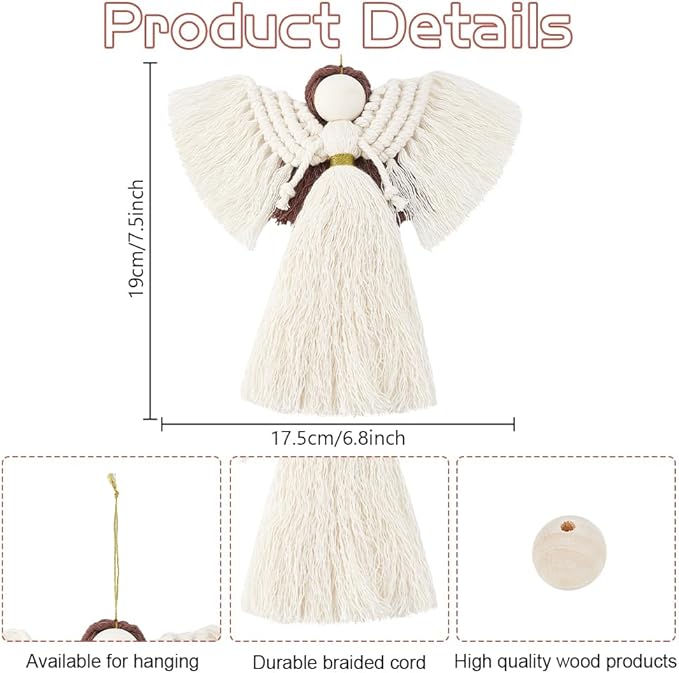FREEBLOSS 3 Set DIY Macrame Angel Kit for Beginners With Instructions, Boho Angel Decor, Adults Craft Kit, Christmas Birthday Gift, White