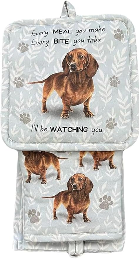 Dachshund 3-Piece Kitchen Set - Oven Mitt, Pot Holder & Kitchen Towel Set, Heat Resistant up to 420 F, Soft Quilted Cotton for Cooking, Baking, BBQ, Pet Lover Gifts (Dachshund Red)