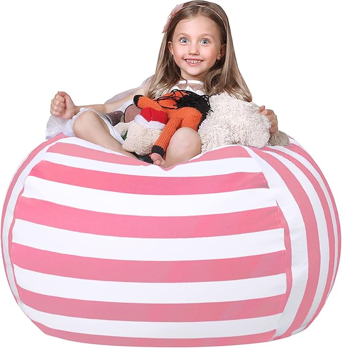 WEKAPO Stuffed Animal Storage Bean Bag Chair Cover for Kids | Stuffable Zipper Beanbag for Organizing Children Plush Toys Large Premium Cotton Canvas (Pink, XX-Large)