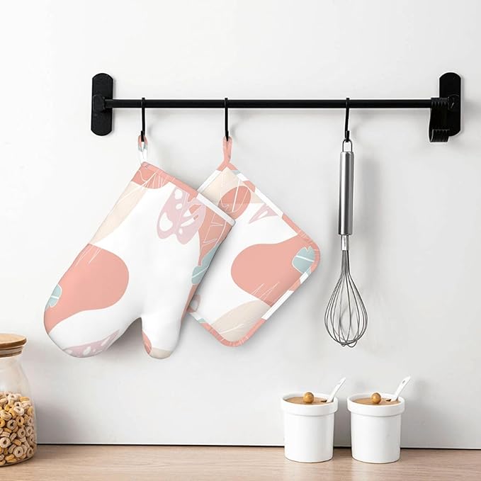 Pink Modern Geometric Leaves Oven Mitts and Pot Holders Sets, Home Silicone Heat Resistant BBQ Gloves for Kitchen Baking Cooking Grilling Microwave