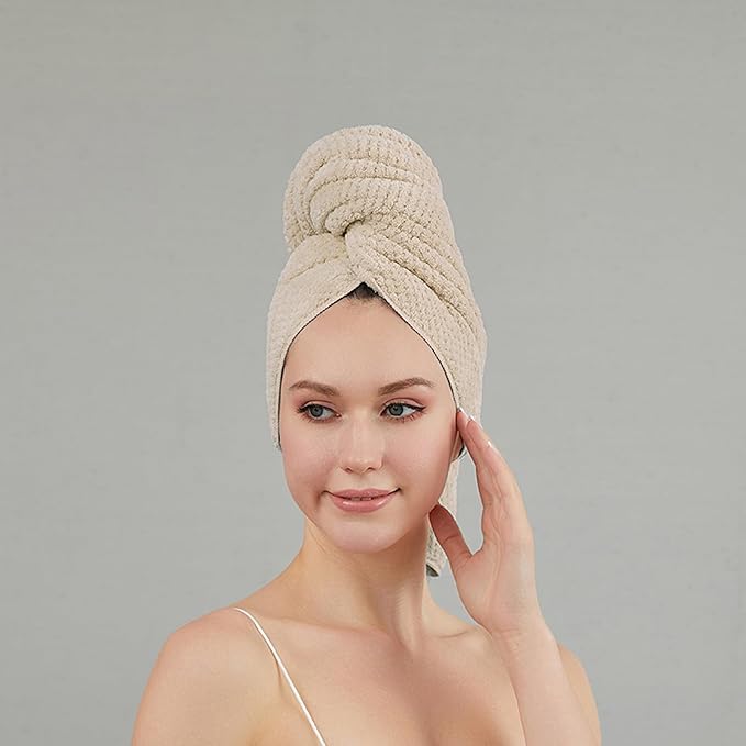 SURPRISE PIE Women Microfiber Hair Towel Wrap with Elastic Strap,Super Absorbent Anti Frizz Drying Turban for Curly, Long,Wet Hair- Beige