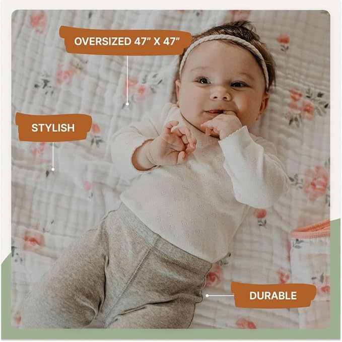 Parker Baby Muslin Blanket | 100% Soft Cotton Toddler Quilt & Baby Muslin Swaddle | Gender Neutral Design 47" x 47" Blanket