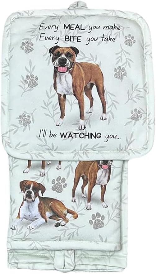 Boxer 3-Piece Kitchen Set - Oven Mitt, Pot Holder & Kitchen Towel Set, Heat Resistant up to 420 F, Soft Quilted Cotton for Cooking, Baking, BBQ, Pet Lover Gifts (Boxer)