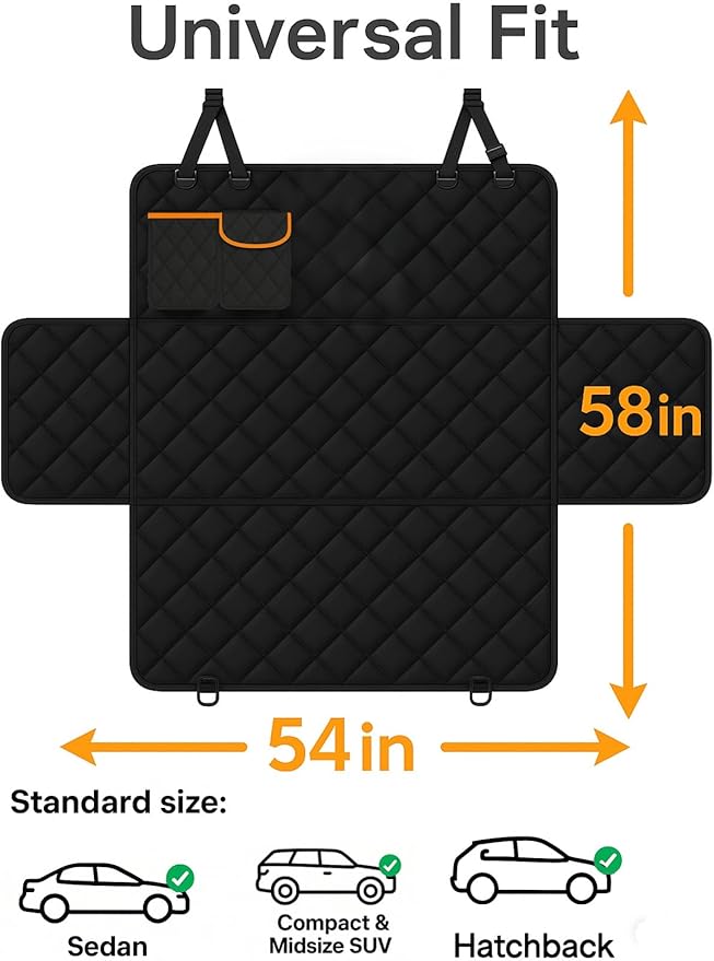 fidozen Dog Car Seat Cover, Universal Fit, Waterproof, Breathable, Machine Washable, Pet Hammock with Storage Pocket, Black (Orange, Standard 54" W)