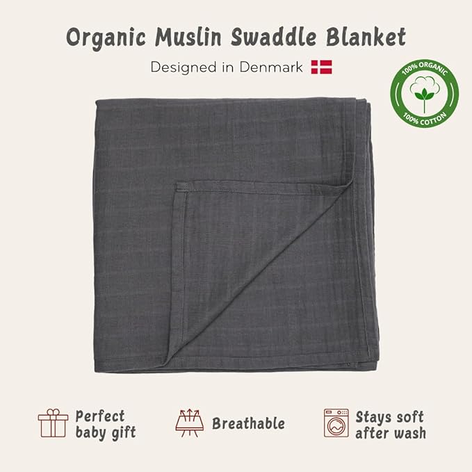 Huxie Swaddle - 100% Organic Cotton - Muslin Swaddle Blankets for Newborn, 47" x 47" (Soft Grey)
