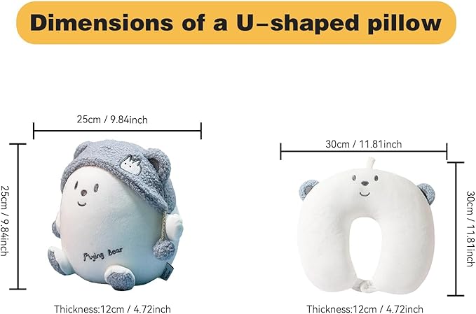 stocaggio Kids Travel Pillow - 2-in-1 Deformable Kids Neck Pillow for Traveling, Soft U-Shaped Pillow with Adorable Animal Design, Comfy Sleep and Play, Ideal for Airplanes and Cars - Blue Bear