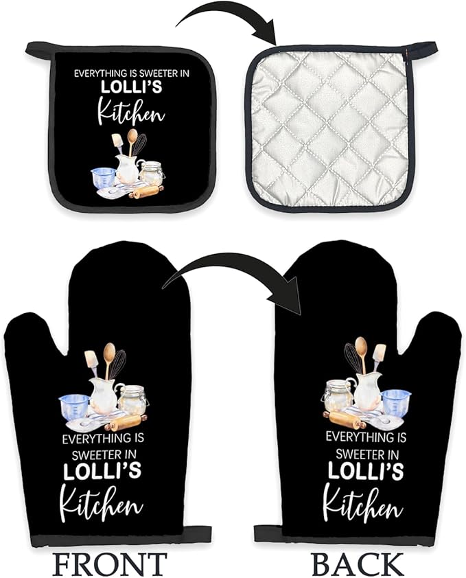 Lolli Gifts for Grandma Oven Mitts and Pot Holders Sets, Gifts forLolli from Grandkids Kitchen Accessories Sets, Sweeter in Lolli’s Kitchen Heat Resistant Oven Glove Potholders forKitchen