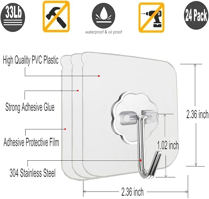 Jwxstore 12 Pack Heavy Duty Self Adhesive Hooks - 33lb Max, Transparent, Waterproof, Sticky Wall Hooks for Keys, Bathroom, Shower, Outdoor, Kitchen, Door, Home Improvement, Utility | Heavy Duty, 33lb Max, Waterproof, for Keys, Bathroom, Shower