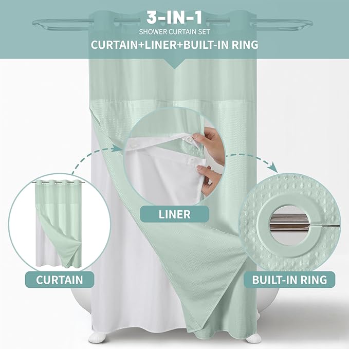 eachope MintGreen No Hook Waffle Weave Shower Curtain with snap-in Liner Replacement, 230GSM Waterproof Fabric Hotel Shower Curtain Set for Bathroom, Through Mesh Top Window,54Wx80H