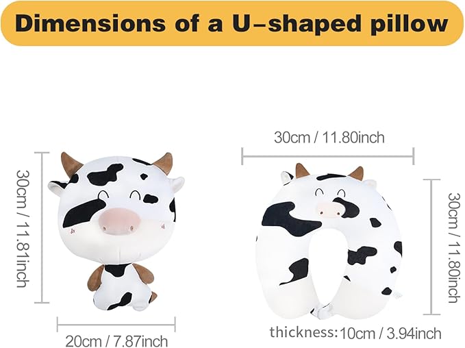 stocaggio Kids Travel Pillow - 2-in-1 Deformable Kids Neck Pillow for Traveling, Soft U-Shaped Pillow with Adorable Animal Design, Comfy Sleep and Play, Ideal for Airplanes and Traveling-Milk Cow