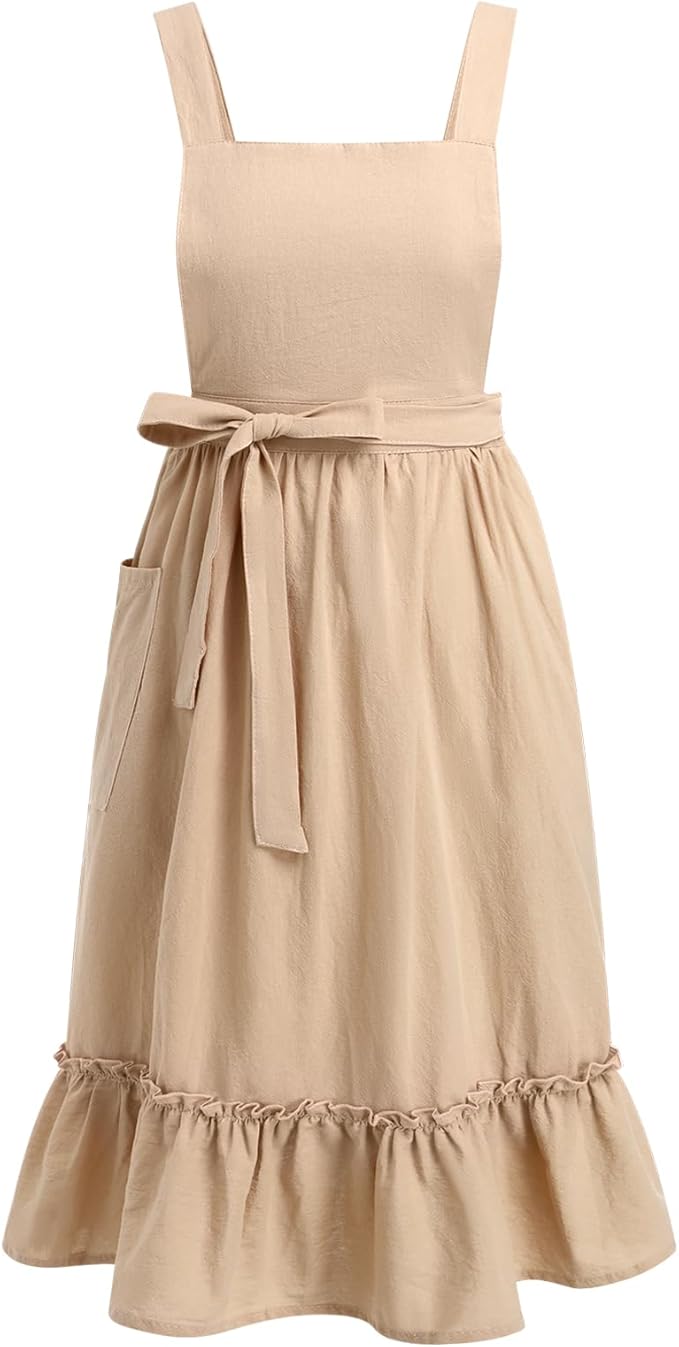 ODIZLI Frill Apron for Women Cotton Cross Back Vintage Ruffle Apron for Garden Cooking Aprons