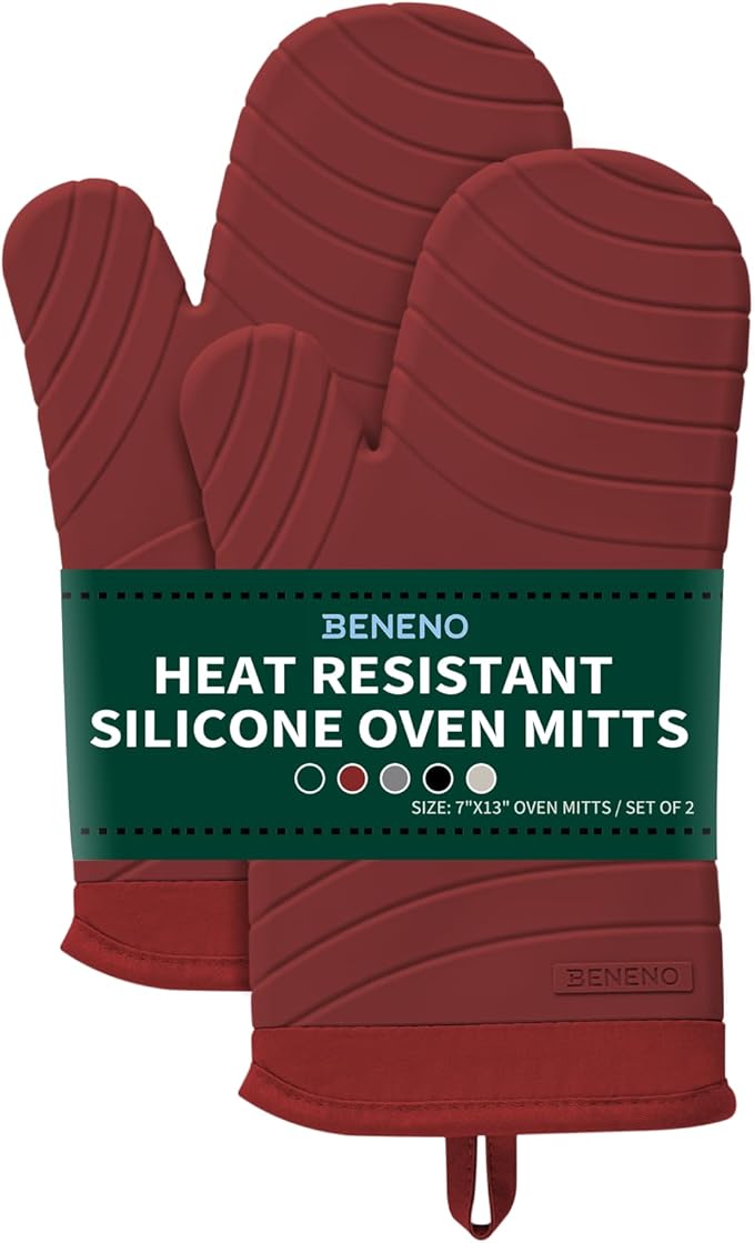 Beneno Heat Resistant Silicone Oven Mitts BPA-Free, Non-Slip Textured Grip & Quilted Cotton Lining, Waterproof Kitchen Mitt 2-Pack Set, 7"x13", Red