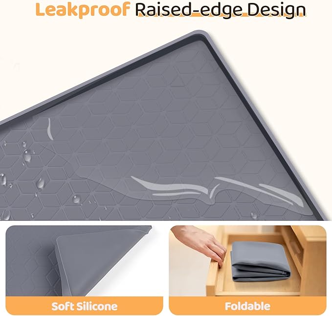 Bartuke Cat Food Mat, 34" x 22" Large Silicone Pet Feeding Mat with Raised Edge Pet Placemat for Food and Water Bowl Non-Slip, Easy to Clean, Floor Protection (Dark Grey)