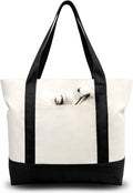 TOPDesign 3-Pack Canvas Tote Bags with an External Pocket, Reusable Grocery Shopping Bags, Top Zipper Closure, Daily Essentials (Black/Natural)