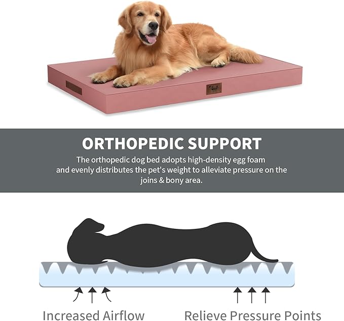 Tail Stories Outdoor Large Washable Dog Bed, Orthopedic Egg Crate Foam Dog Crate Mat for Large Dogs with Removable Oxford Cooling Cover, Pink