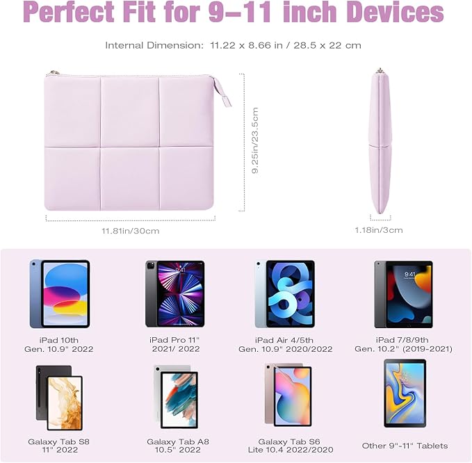 MoKo 9-11 Inch Puffy Tablet Sleeve Bag Fit with New iPad Air/Pro 11 inch, iPad 10th Gen 10.9, iPad Pro 11, iPad Air 4/5th Gen 10.9, Built-in Elastic Band, PU Leather Carrying Case, Light Pink Purple