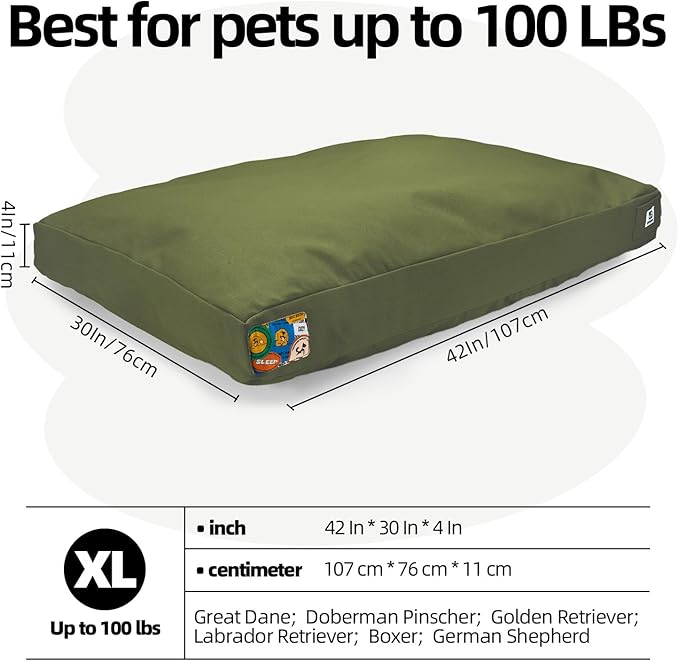 Sytopia 42'' Canvas Indestructible Outdoor Dog Bed with Waterproof Washable Removable Cover for Extra Large Dogs, Indoor and Patio Pet Pad, Green
