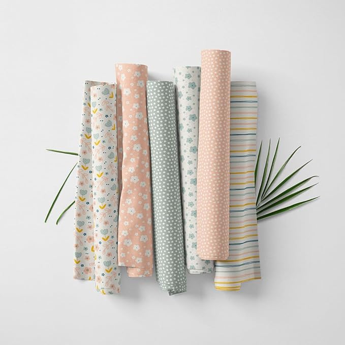 Patchwork Fabric Panel 100x155 cm, 100% Cotton Satin, 6 Coordinated Pastel Floral & Dot Patterns, Soft Peach Green Quilting & Sewing Fabric (Soft Pastels, 6pcs 50x50cm)